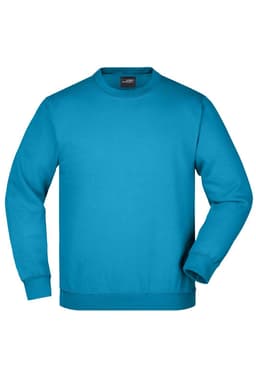 A turquoise sweater with long sleeves and a crew neckline, featuring a logo.