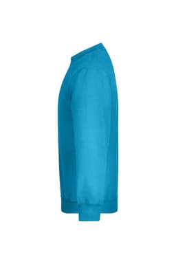 A bright blue sweatshirt with long sleeves and a rounded neckline, featuring a logo.