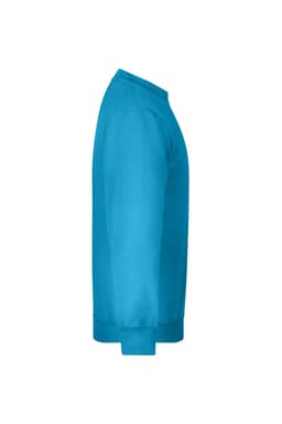 A bright blue jumper featuring a classic round neck design and ribbed cuffs. It has a logo on the sleeve.