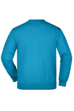 A blue jumper with a round neckline and long sleeves, featuring a logo on the back.