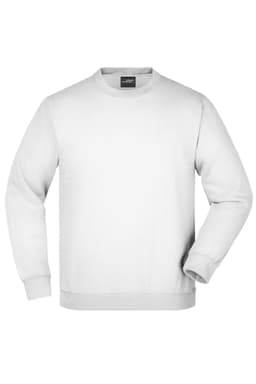 A white round neck sweatshirt with long sleeves and a relaxed fit. Features a branding logo.