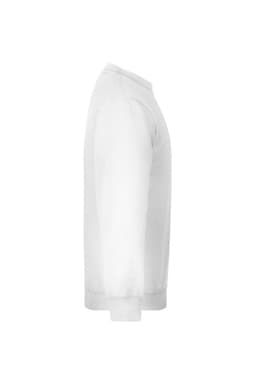A white round sweat heavy junior jumper displayed from the side, featuring a simple design and a visible logo.