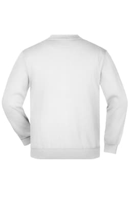 A white jumper with a round neckline and long sleeves, featuring a plain back design and a branding logo.