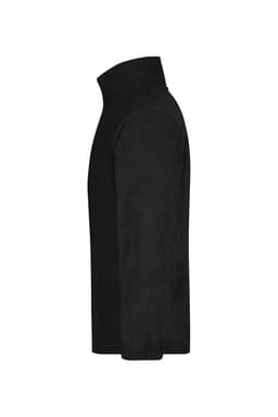 A black half-zip fleece jacket with a high collar, featuring a simple design and sleeves.