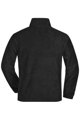 A black half-zip fleece jacket with a collar, featuring a logo on the back.