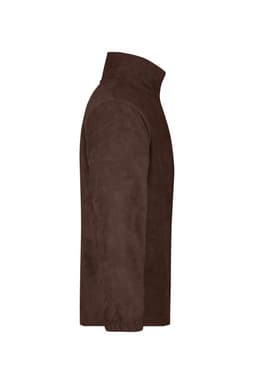A brown half-zip fleece jacket with a high collar, featuring a side view design and a logo.