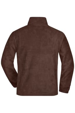 A brown half-zip fleece jacket with a collar and long sleeves, featuring a logo on the back.