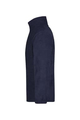 A navy half-zip fleece jacket featuring a high collar and a simple design. It has a logo on the fabric.