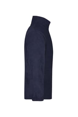 A navy half-zip fleece jacket with a high collar, featuring a logo. Ideal for casual wear.