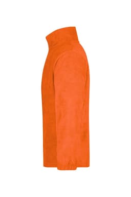 An orange half-zip fleece jacket displayed from the side, featuring a high collar and long sleeves.
