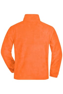 A bright orange half-zip fleece jacket featuring a back view and a collar. It has a smooth texture and an attached logo.