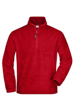 A red half-zip fleece jacket with long sleeves and a zippered collar. It includes a logo on the chest area.