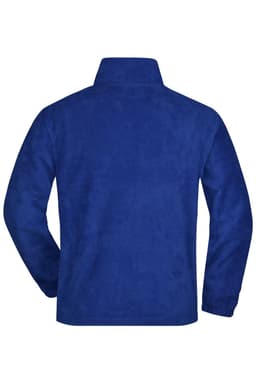 A blue half-zip fleece jacket with a collared neck and a textured finish. It features a logo on the back.
