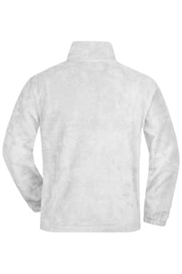 A white half-zip fleece jacket with a standing collar and a soft texture, featuring a logo on the back.