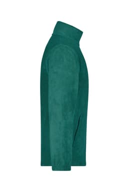 A full-zip fleece jacket in a rich teal colour with a high collar and a logo.