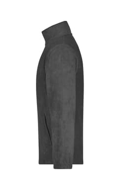 A side view of a black full-zip fleece jacket featuring a collar and smooth fabric. It has a logo on one side.