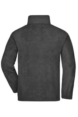 A full-zip fleece jacket in dark grey with a collar and one logo on the back.