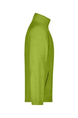 A side view of a bright green full-zip fleece jacket with a collar and side pockets.