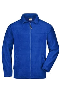 A blue Full-Zip Fleece jacket with a zip front, two side pockets, and a collar, featuring a logo.