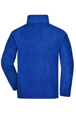 A blue full-zip fleece jacket with a collar and a logo on the back.