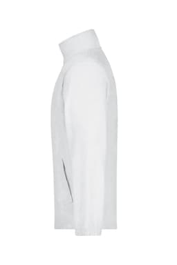 A white full-zip fleece jacket displayed from the side, featuring a high collar and a logo on the sleeve.