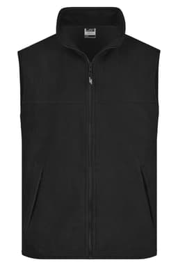 A black fleece vest with a zip front and pockets, featuring a simple design and a logo.