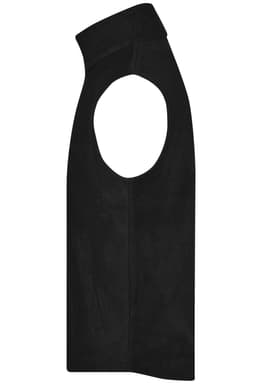 A black fleece vest with sleeveless design and a logo. Suitable for casual wear or layering.