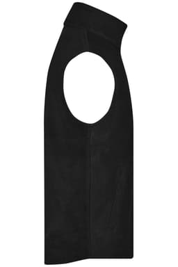 A black fleece vest with a high collar and open armholes, featuring a logo on the side.