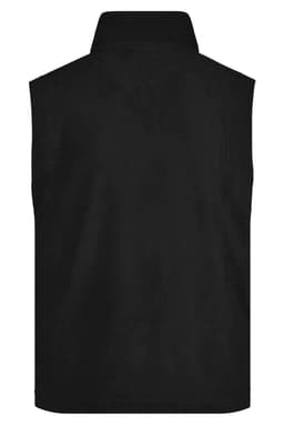 A black fleece vest with a high collar, featuring a logo on the back.