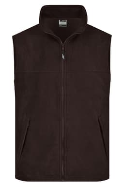 A brown fleece vest featuring a full zip and side pockets, with a high collar and a logo.