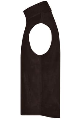 A dark brown fleece vest with open sides and a zipped pocket, featuring a logo on the design.