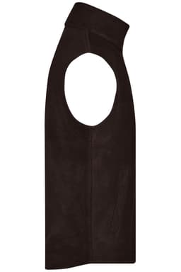 A dark brown fleece vest with no sleeves and a high collar. It features side pockets and has a branded logo.