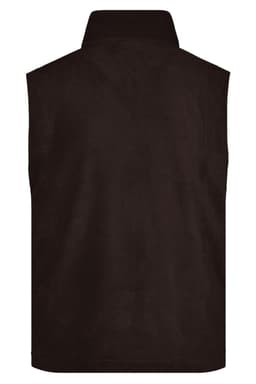 A dark brown fleece vest with a high collar, featuring a logo on the back.