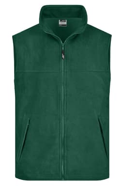 A green fleece vest with a zip front and two side pockets, featuring a small branding logo.