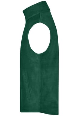 A green fleece vest featuring a high collar and armholes, with a side pocket and a logo.