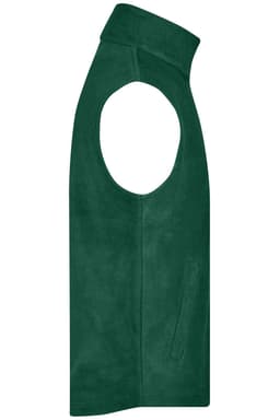 A green fleece vest with a high collar and an armhole design. It includes a side pocket and features a logo.