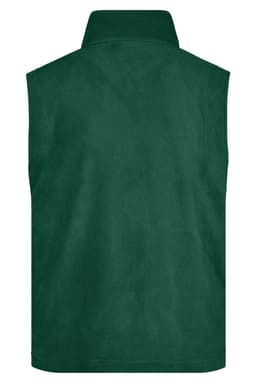 A green fleece vest with a high collar and no sleeves, featuring a logo on the back.