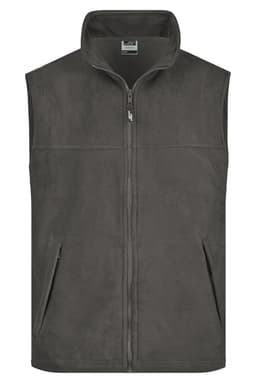 A grey fleece vest with a full zip and two front pockets, featuring a collar and a branding logo.