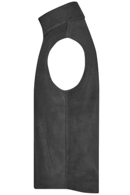 A grey fleece vest with an open arm design and a side pocket. The vest features a high collar.