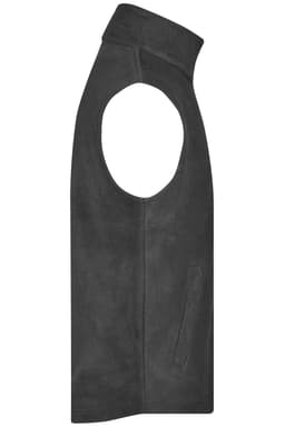 A grey fleece vest with a high collar and open armholes, featuring a side pocket and a logo.