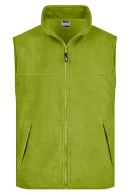 A green fleece vest with a high collar and zip closure, featuring side pockets and a logo.