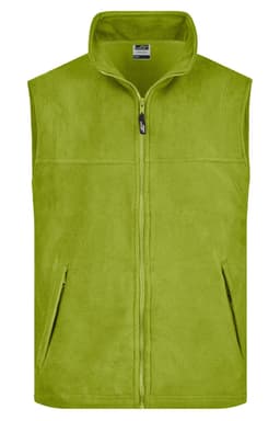 A green fleece vest with a zip front and two side pockets, featuring a logo on the chest.