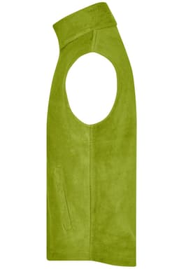 A green fleece vest with an open arm design and a side pocket. Features a logo.