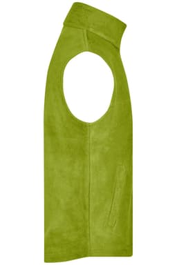 A lime green fleece vest with an open arm design and a side pocket. It features a logo.