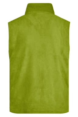 A green fleece vest with a collared neck and sleeveless design, featuring a logo on the back.
