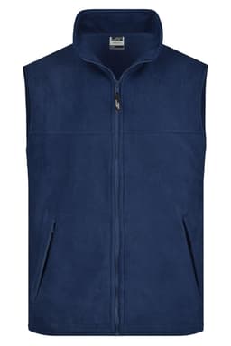 A navy fleece vest with a high collar, featuring a front zip and side pockets. There is a logo on the vest.