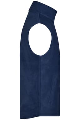 A navy fleece vest featuring a high collar and armholes, with a side pocket and a logo.