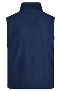 A navy fleece vest with a high collar and no sleeves, featuring a logo on the back.