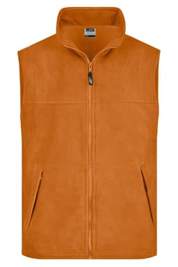 An orange fleece vest with a high collar, featuring a zip front and side pockets. Includes branding.