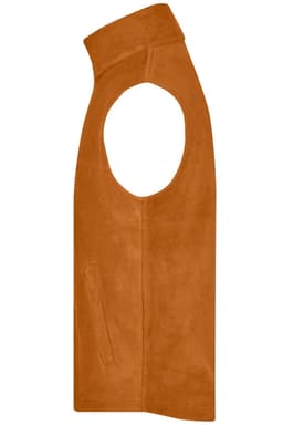 An orange fleece vest with a high collar and side pocket, featuring a logo.